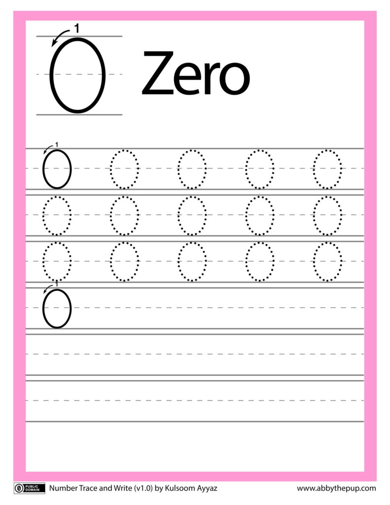 A number-zero tracing worksheet with a large example labeled “Zero,” rows of dotted zeros to trace, and blank ruled lines for writing practice.