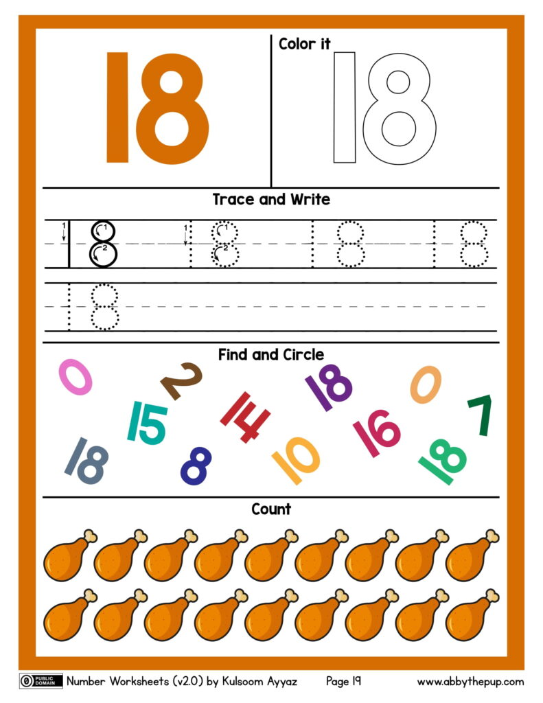 Number 18 worksheet with a large colored and outline 18, tracing and writing practice, mixed numbers to find and circle, and rows of drumsticks to count.
