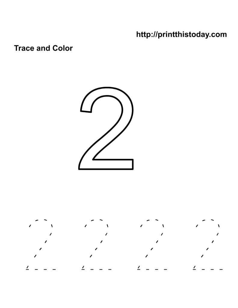 A number-tracing worksheet shows a large outlined numeral 2 above a row of four dashed numerals 2 to trace.