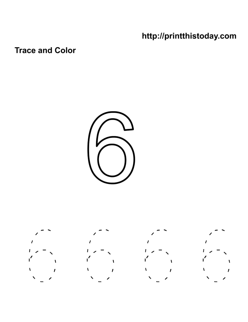 Preschool trace-and-color worksheet with a large outlined number 6 and four dashed number 6s for tracing.