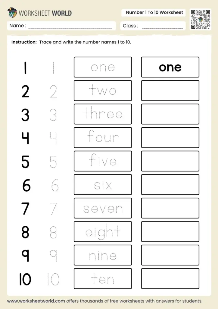 A number worksheet with numerals 1–10, dotted number names for tracing, and empty boxes for writing each number name.