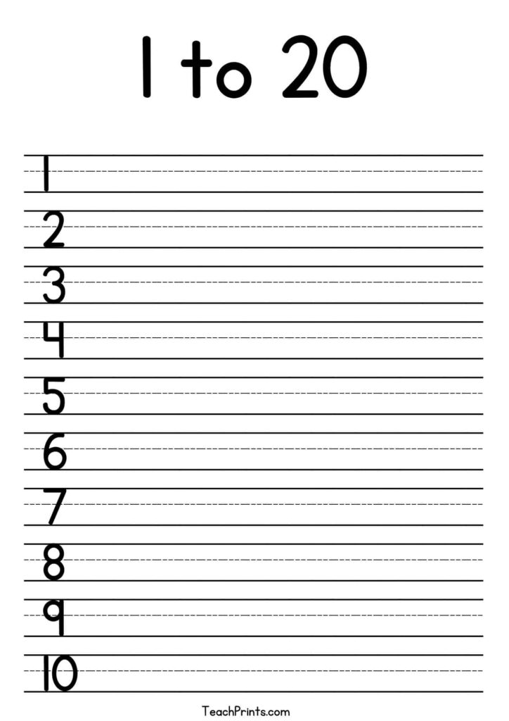 A number-writing worksheet titled “1 to 20,” with numerals 1 through 10 beside handwriting guide lines.