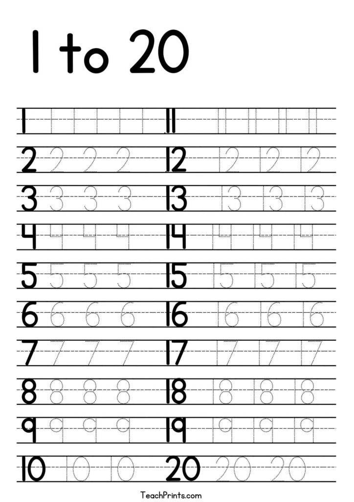 Number-writing worksheet from 1 to 20, with large numerals and rows of dotted numbers for tracing.