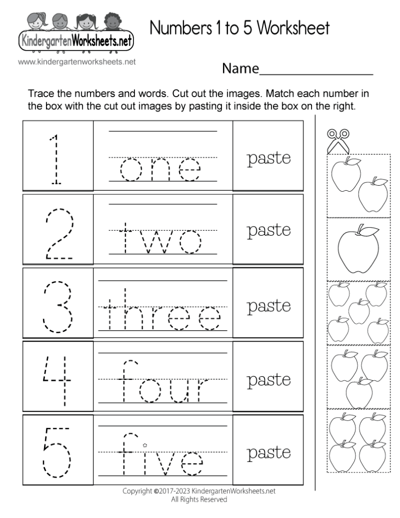 A kindergarten worksheet for tracing the numbers one through five and their words, with cutout apple groups to match to each number.