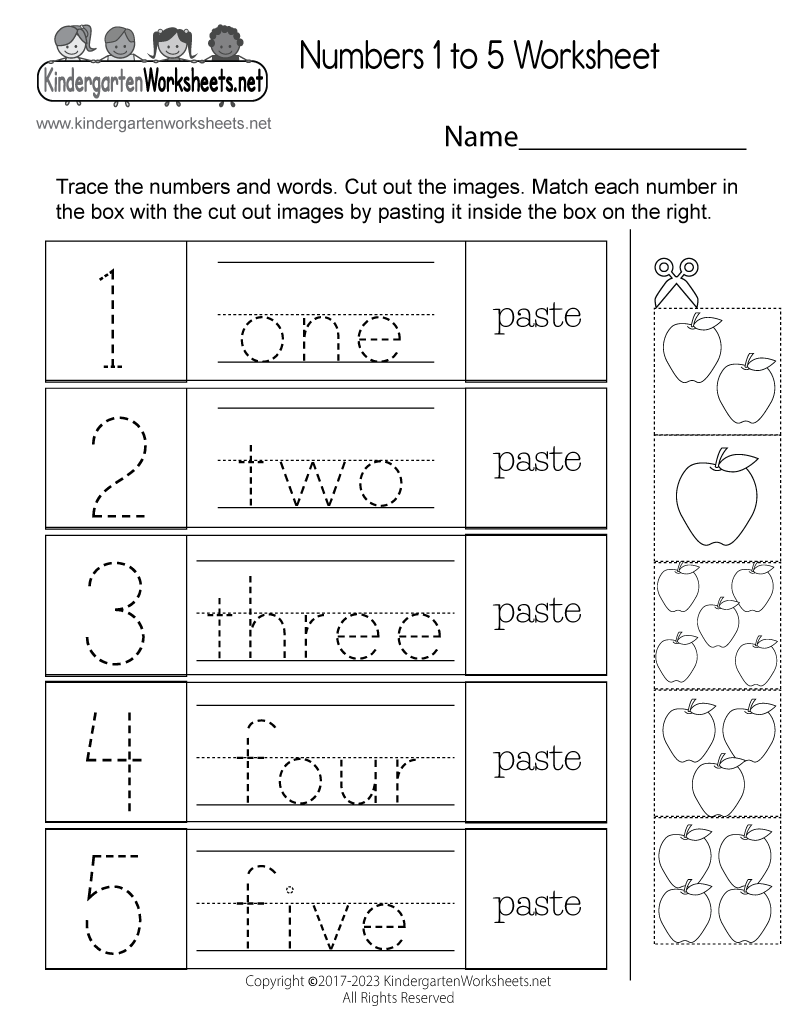 A kindergarten worksheet for tracing the numbers one through five and their words, with cutout apple groups to match to each number.