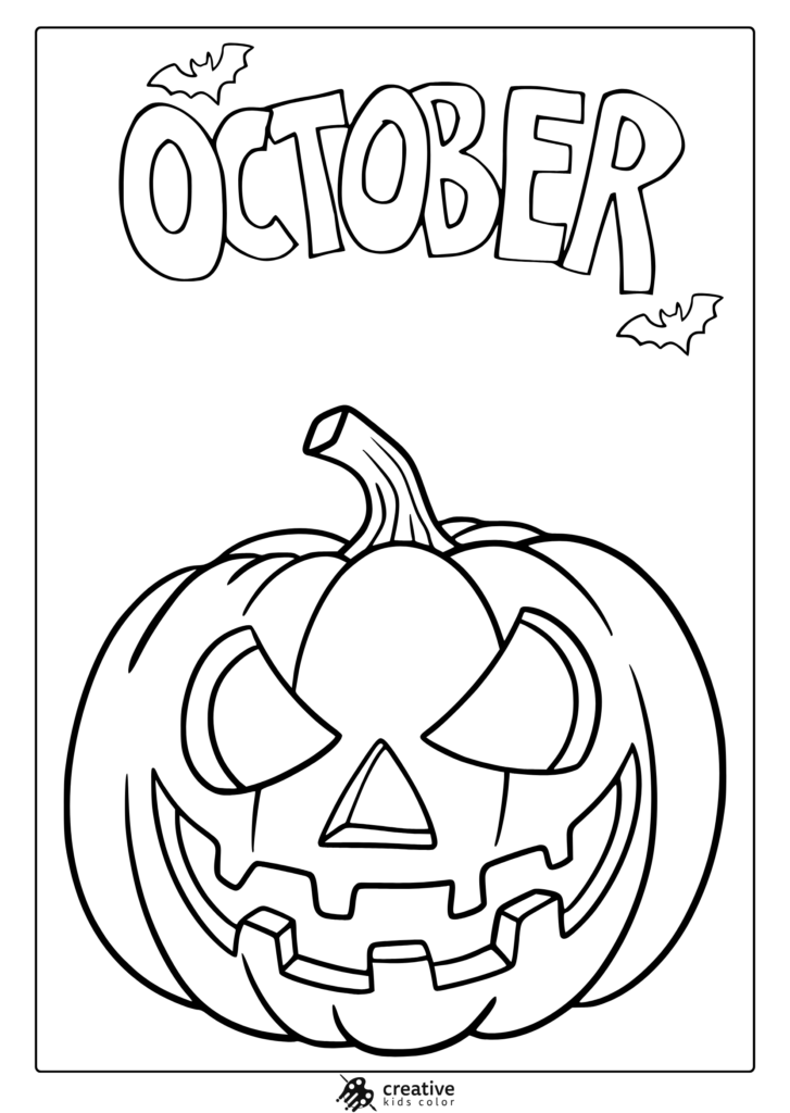 A large smiling jack-o'-lantern with a curved stem and two small bats, beneath the word “OCTOBER,” drawn as a black-and-white coloring page.