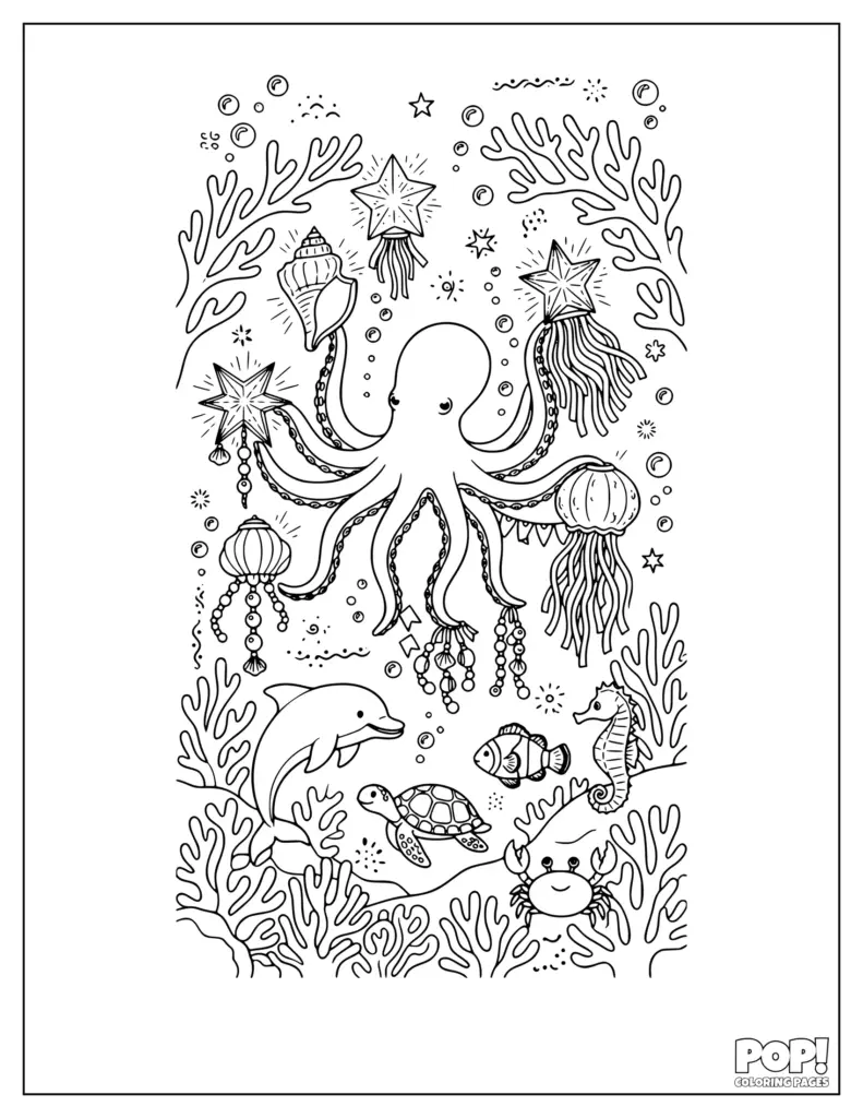 An octopus coloring page with starfish decorations, jellyfish, a shell, and other sea creatures including a dolphin, turtle, fish, seahorse, and crab.