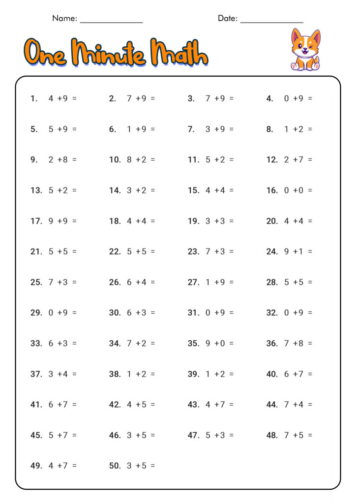 A “One Minute Math” worksheet with 50 numbered addition problems, a name and date line, and a small cartoon dog near the title.