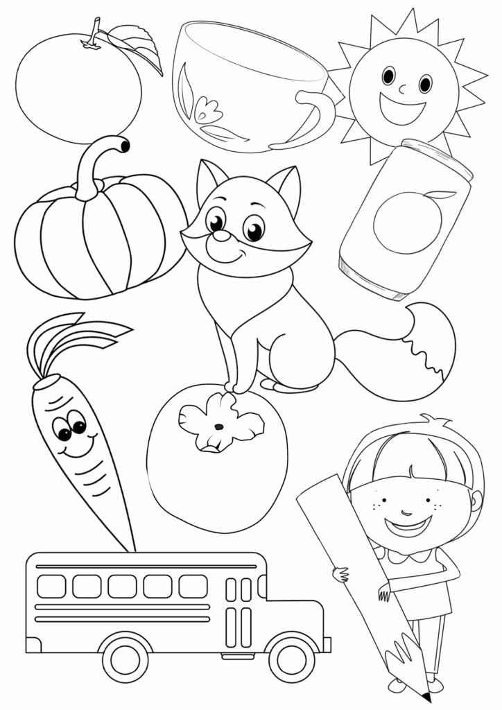 Black-and-white coloring page with a large orange and leaf, surrounded by a cup, smiling sun, pumpkin, fox, carrot, tomato, school bus, and child holding a pencil.