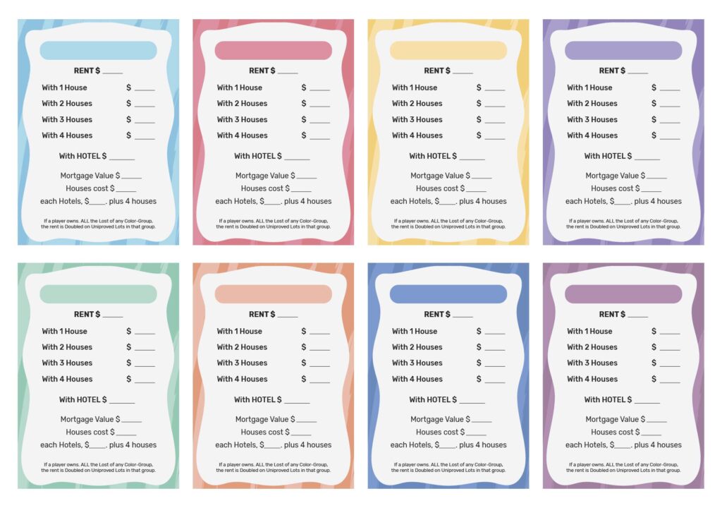 Eight colorful Monopoly-style rent cards list prices for houses and hotels, mortgage value, house costs, and rent for each hotel, with blank lines for filling in amounts.