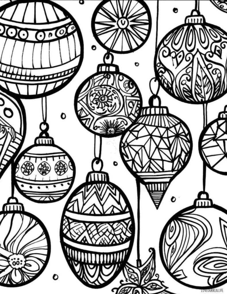 A black-and-white coloring page of hanging Christmas ornaments, each decorated with different geometric and swirling patterns.
