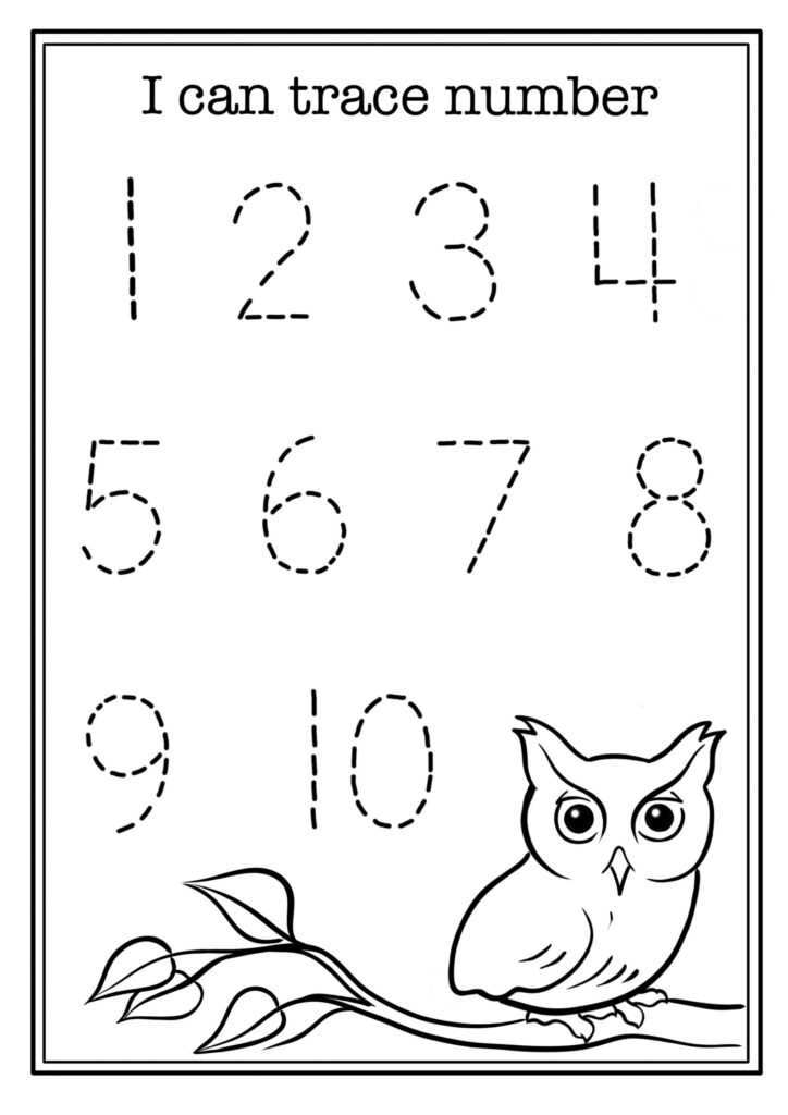Preschool number-tracing worksheet with dashed numerals 1 through 10 and an owl perched on a branch.