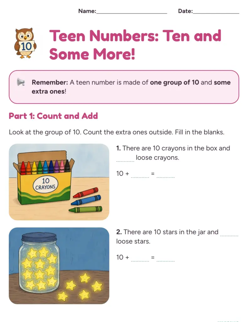 A teen numbers worksheet asks students to count extra crayons and stars outside groups of ten, then fill in addition equations.