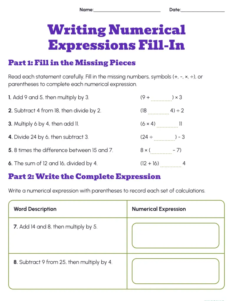 A worksheet titled “Writing Numerical Expressions Fill-In” with six missing-piece problems and a table for writing two complete numerical expressions.