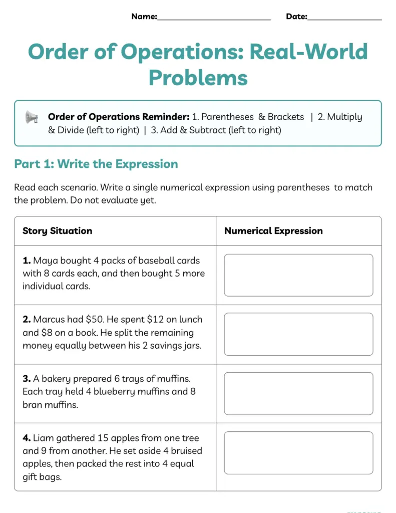 An order-of-operations worksheet asks students to write numerical expressions for four real-world scenarios involving baseball cards, savings, muffins, and apples.