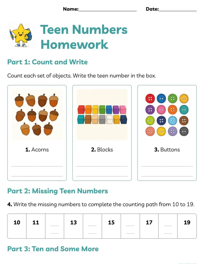 A teen numbers homework worksheet with picture-counting boxes for acorns, blocks, and buttons, followed by a counting path from 10 to 19 with missing numbers.