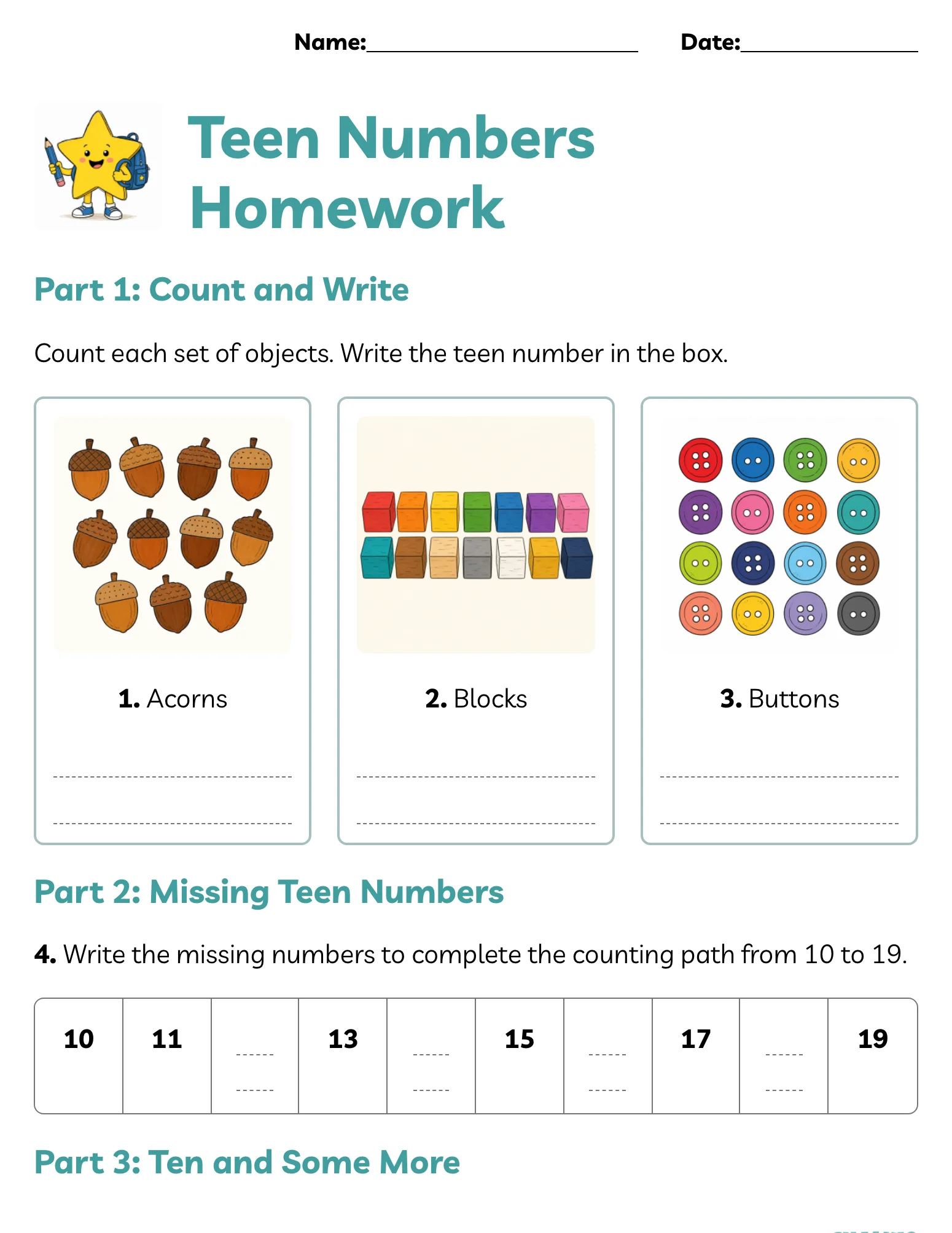 A teen numbers homework worksheet with picture-counting boxes for acorns, blocks, and buttons, followed by a counting path from 10 to 19 with missing numbers.