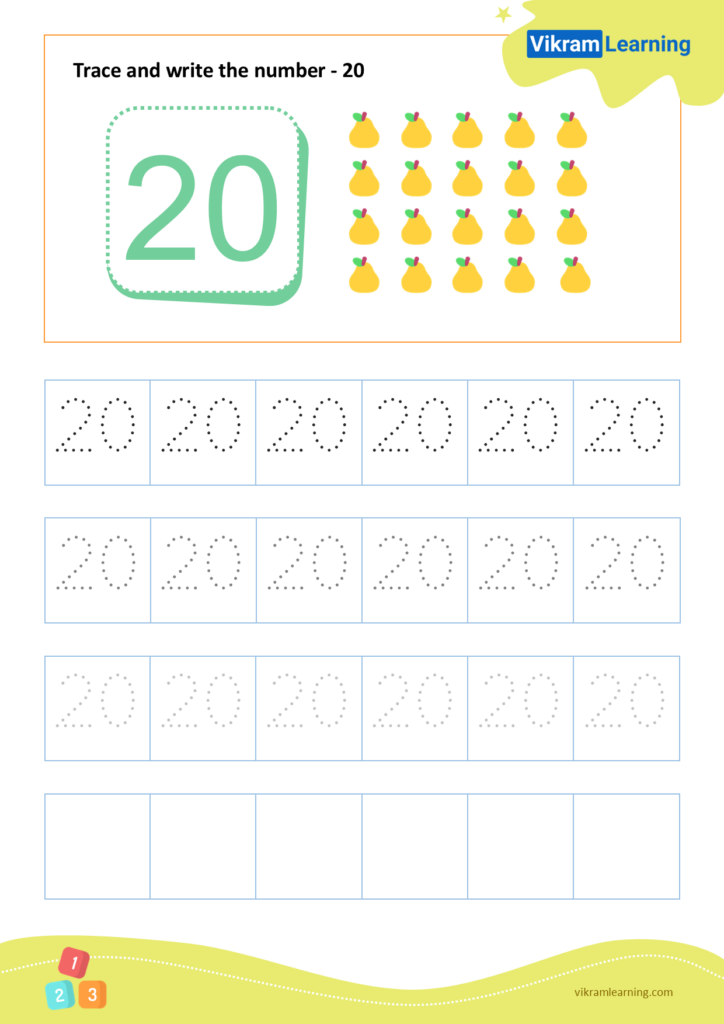 A number 20 worksheet with a large example beside 20 small fruit pictures, followed by rows of dotted 20s for tracing and blank boxes for writing.