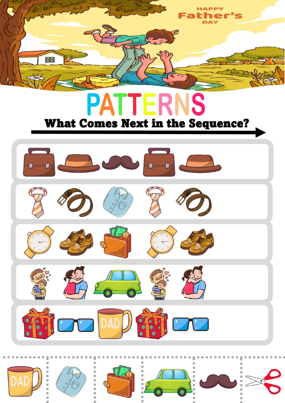 A Father’s Day pattern worksheet shows repeating sequences of briefcases, hats, ties, watches, family scenes, and gifts, with picture choices along the bottom.