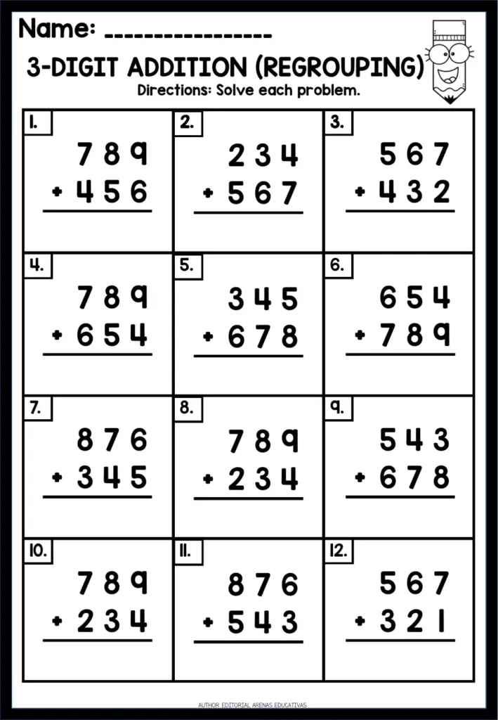 A worksheet titled “3-Digit Addition (Regrouping)” shows 12 vertical addition problems, with blank lines for answers.