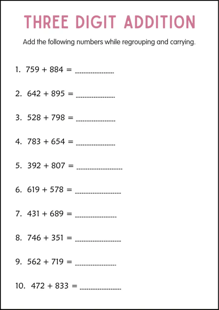 A three-digit addition worksheet with ten problems, each providing a blank line for the answer.