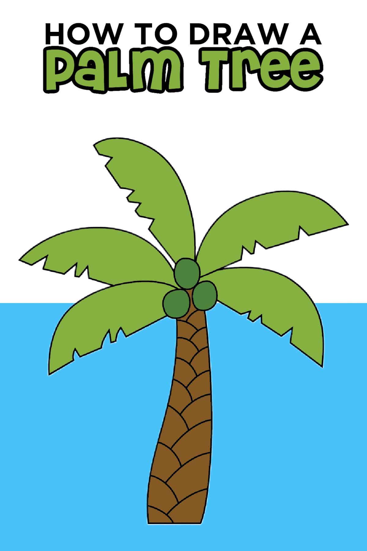 A simple cartoon palm tree with broad green fronds, coconuts, and a patterned brown trunk against a blue background.