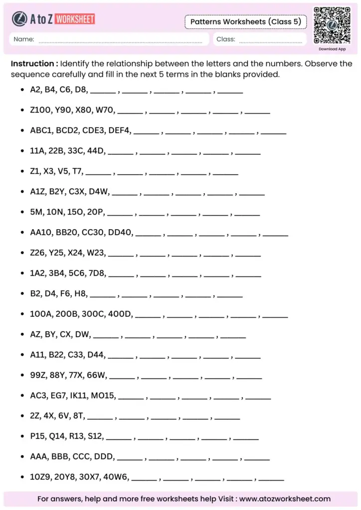 A patterns worksheet for Class 5 asks students to complete letter-and-number sequences by identifying relationships between the letters and numbers.