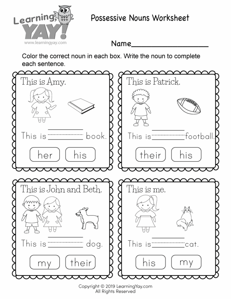 A possessive nouns worksheet with four illustrated exercises about a girl and a book, a boy and a football, two children and a dog, and a child and a cat.