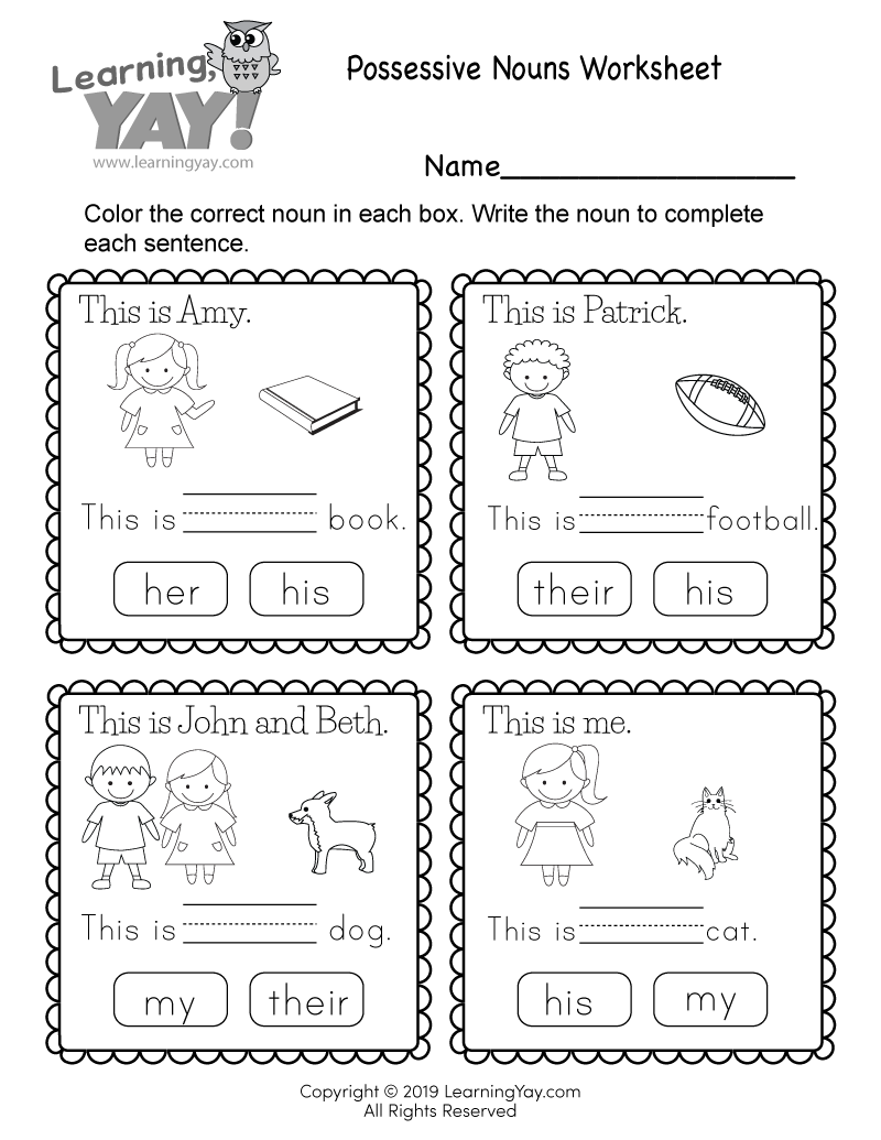 Possessive nouns worksheet with four illustrated exercises. Students choose between pronouns such as her or his, then complete sentences about a book, football, dog, and cat.