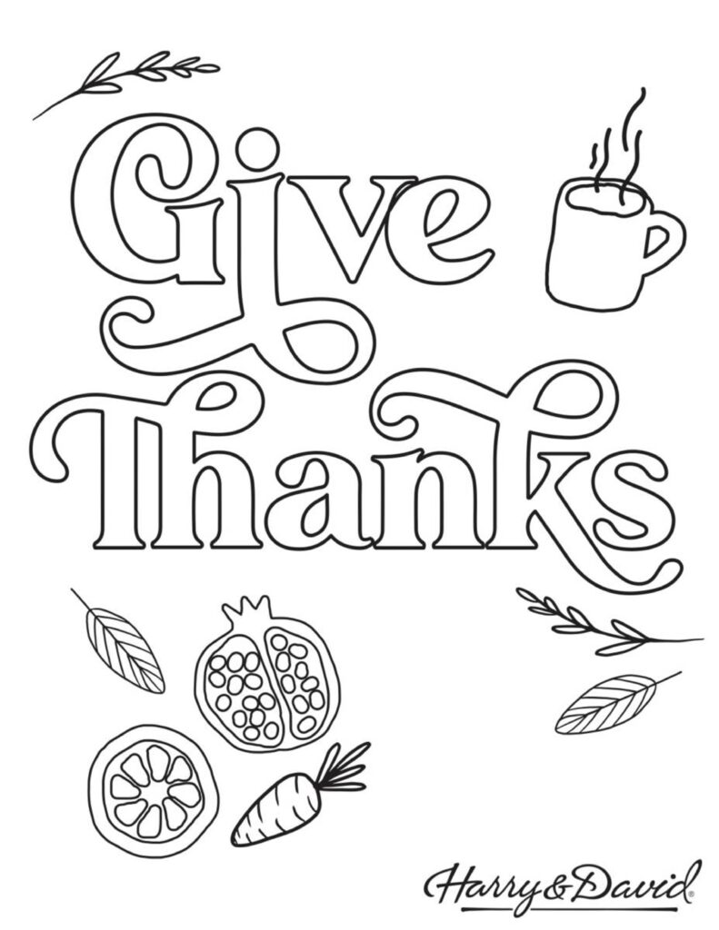 Thanksgiving coloring page with large outlined “Give Thanks” lettering, a steaming mug, autumn leaves, a pomegranate, citrus slice, and carrot.