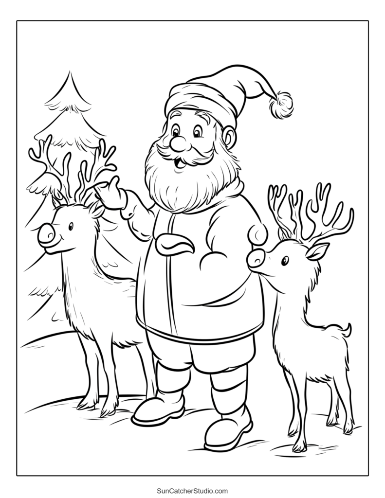 A cheerful Santa stands between two reindeer beside a Christmas tree, drawn in black-and-white outlines for coloring.