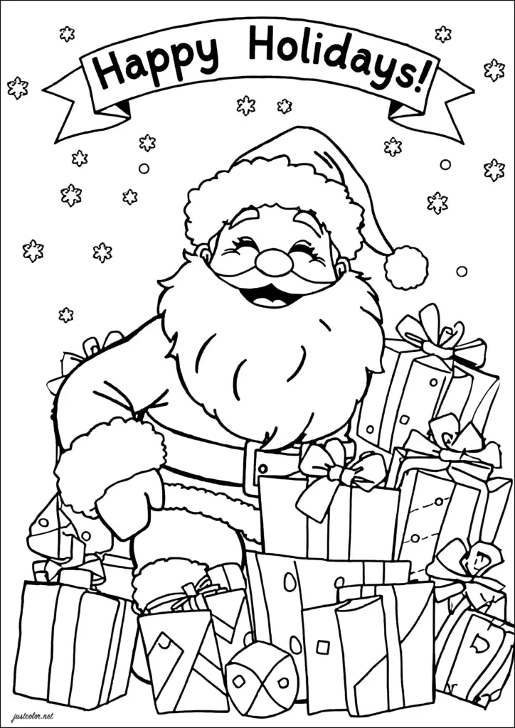 Holiday coloring page showing a smiling Santa surrounded by wrapped presents and snowflakes, beneath a “Happy Holidays!” banner.