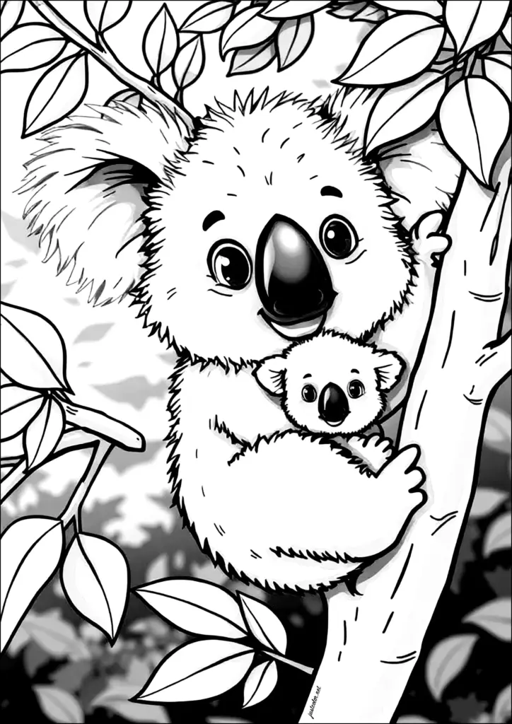 A koala cuddles a joey while clinging to a tree branch among leaves, drawn in bold black outlines for coloring.