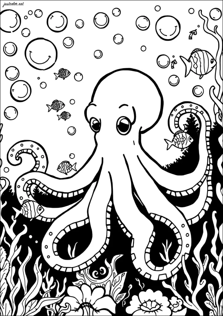 An uncolored outline illustration of a large octopus with curling, patterned tentacles, surrounded by fish, bubbles, seaweed, and underwater plants.
