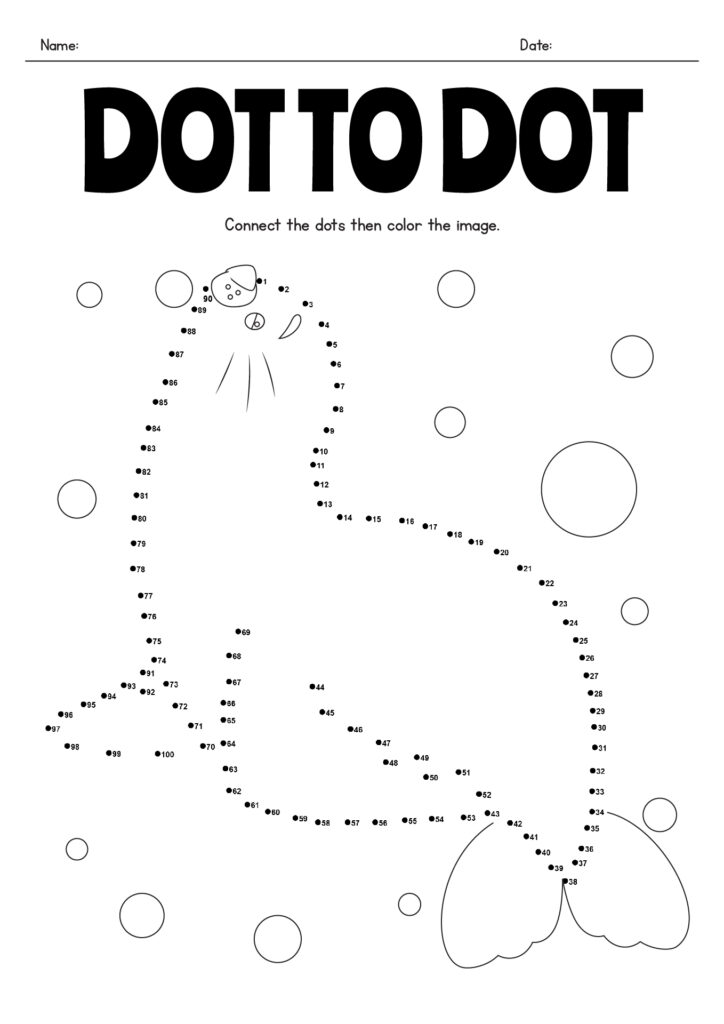 A dot-to-dot worksheet with numbered points outlining a small character; blank circles decorate the page.