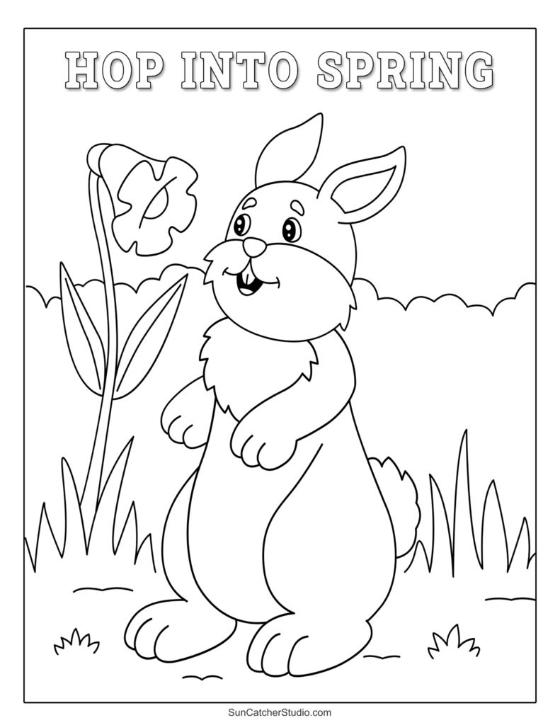 Black-and-white coloring page of a smiling bunny standing among grass and flowers, with “HOP INTO SPRING” at the top.