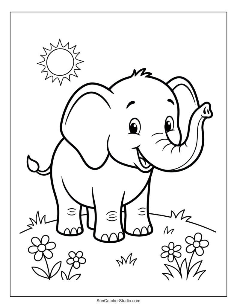 Black-and-white coloring page of a smiling cartoon elephant standing among flowers and grass, with a sun in the corner.