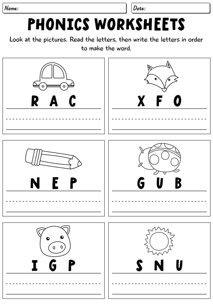 Phonics worksheet asking students to unscramble letters to name pictures of a car, fox, pencil, bug, pig, and sun.
