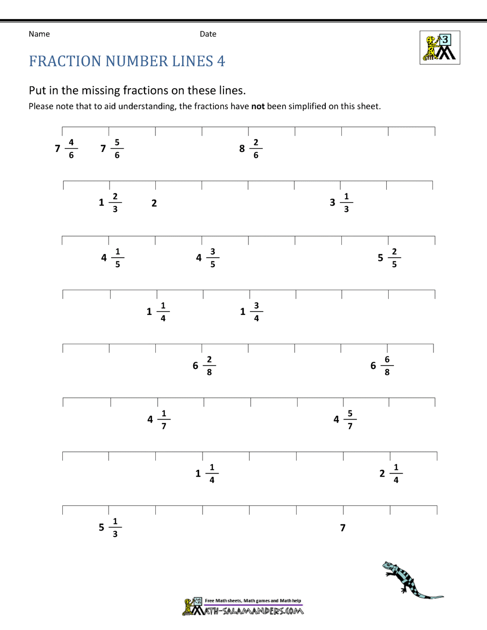 A fraction number-line worksheet with several horizontal lines marked by tick marks and labeled mixed numbers, asking students to fill in missing fractions.