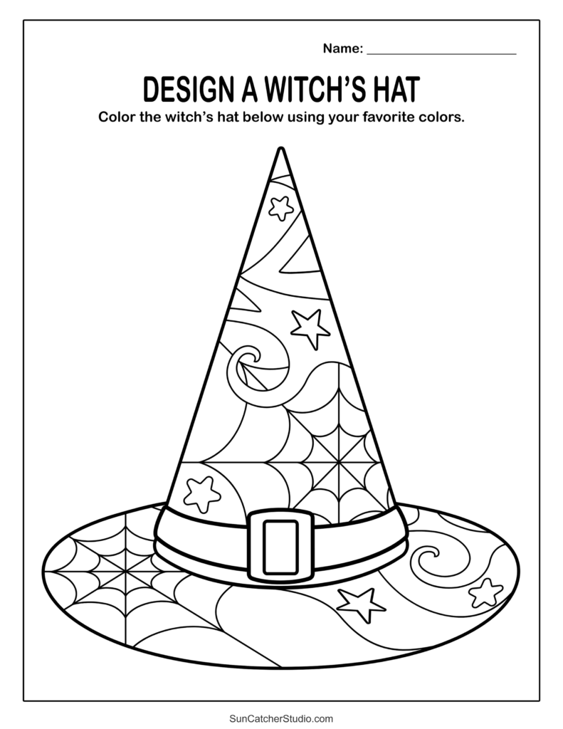 A black-and-white coloring worksheet titled “Design a Witch’s Hat,” with an outlined pointed hat decorated with stars, swirls, and spiderwebs.