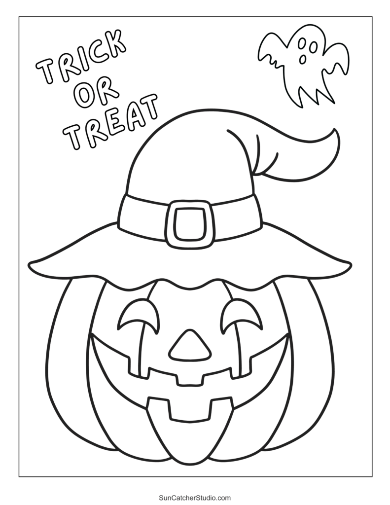 Halloween coloring page featuring a smiling pumpkin wearing a witch hat, a small ghost, and “Trick or Treat” lettering.