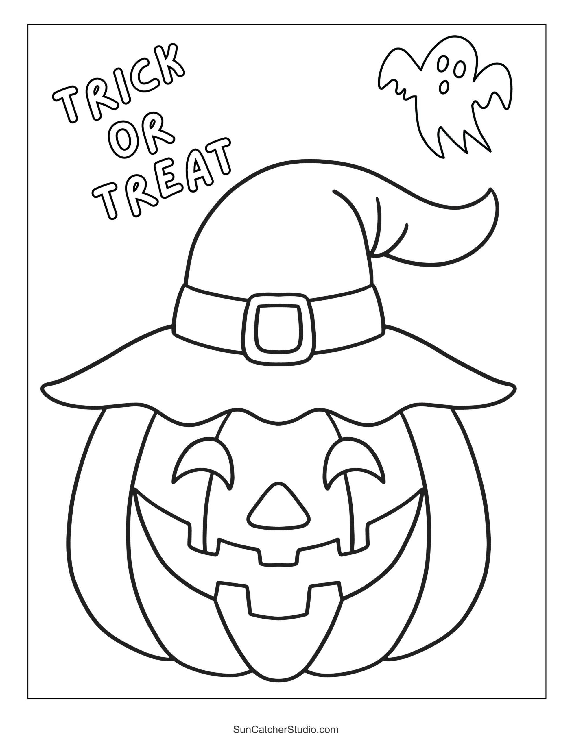 Halloween coloring page featuring a smiling pumpkin wearing a witch hat, a small ghost, and “Trick or Treat” lettering.