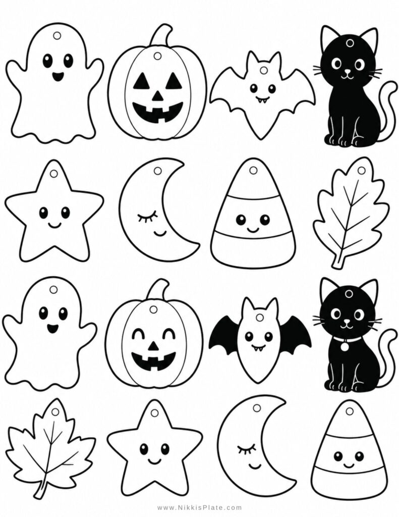 A sheet of Halloween outline illustrations featuring ghosts, jack-o’-lanterns, bats, black cats, stars, crescent moons, candy corn, and autumn leaves.