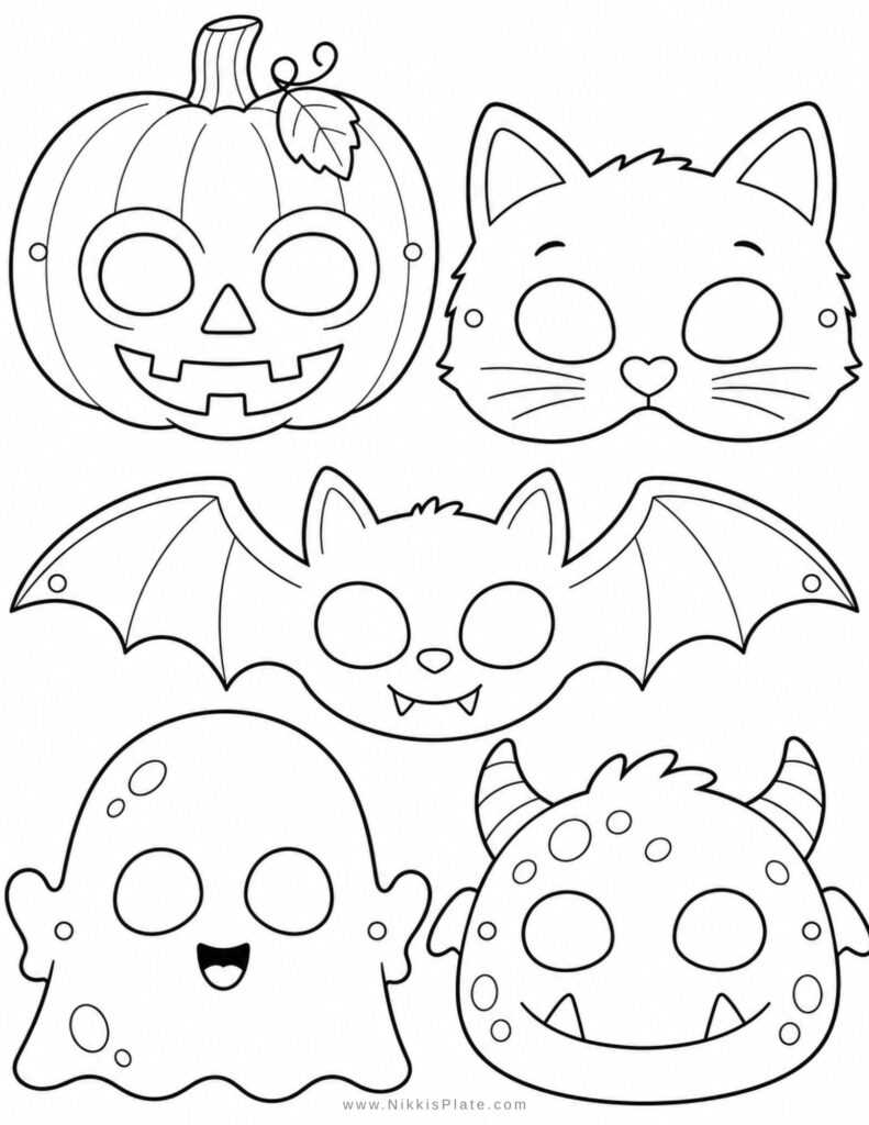 Black-and-white outline sheet of five cute Halloween figures: a jack-o’-lantern, cat, flying bat, smiling ghost, and horned monster.