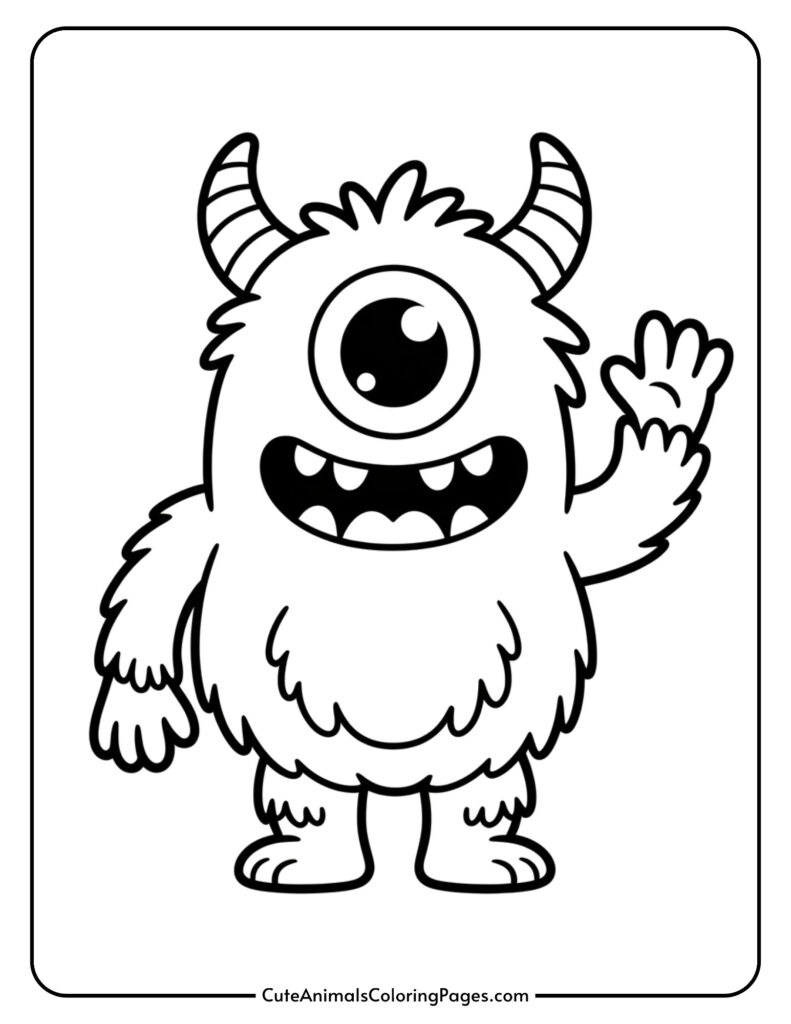 A smiling, one-eyed furry monster with striped horns waves, shown as bold black-and-white outline art inside a rounded border.