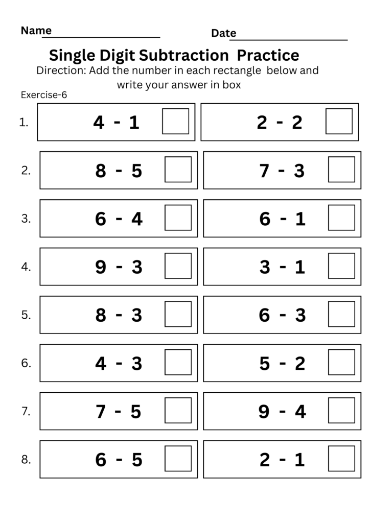 A single-digit subtraction worksheet with 16 problems arranged in two columns, each with a blank answer box.