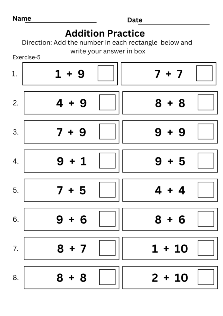 Addition practice worksheet with name and date lines, featuring two columns of addition problems and empty answer boxes.