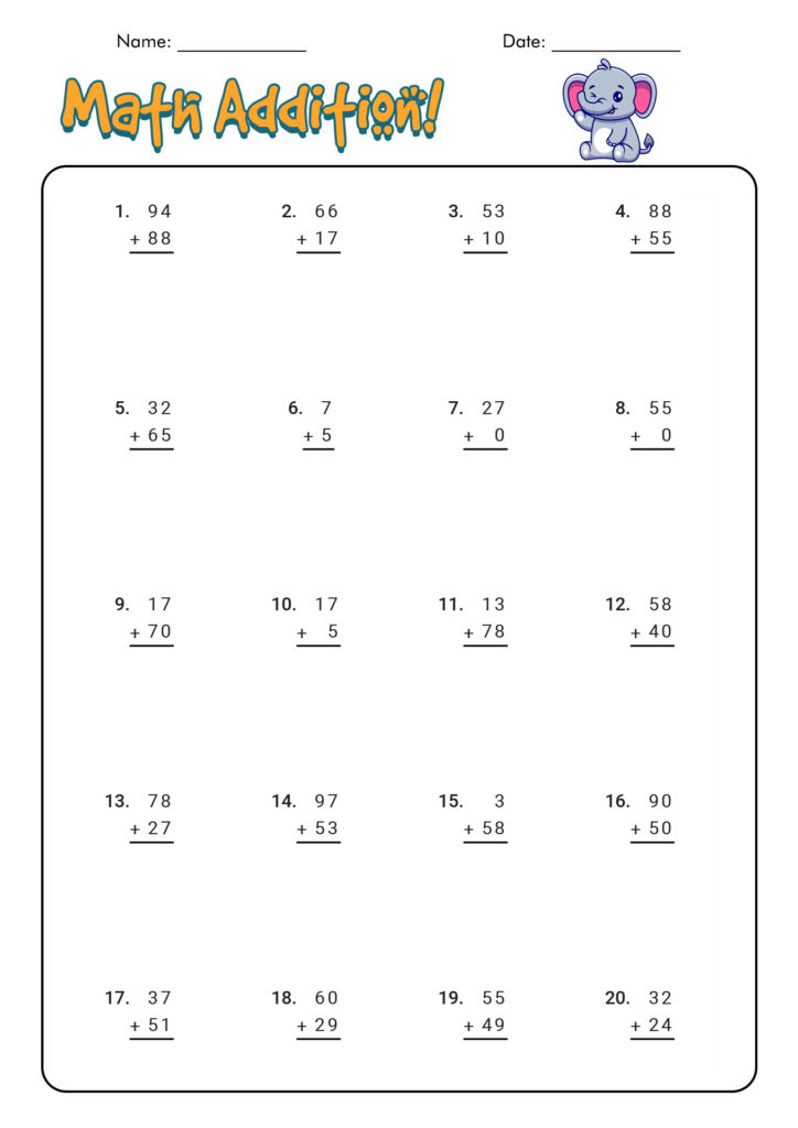 A “Math Addition!” worksheet with 20 numbered vertical addition problems, name and date lines, and a small cartoon elephant.
