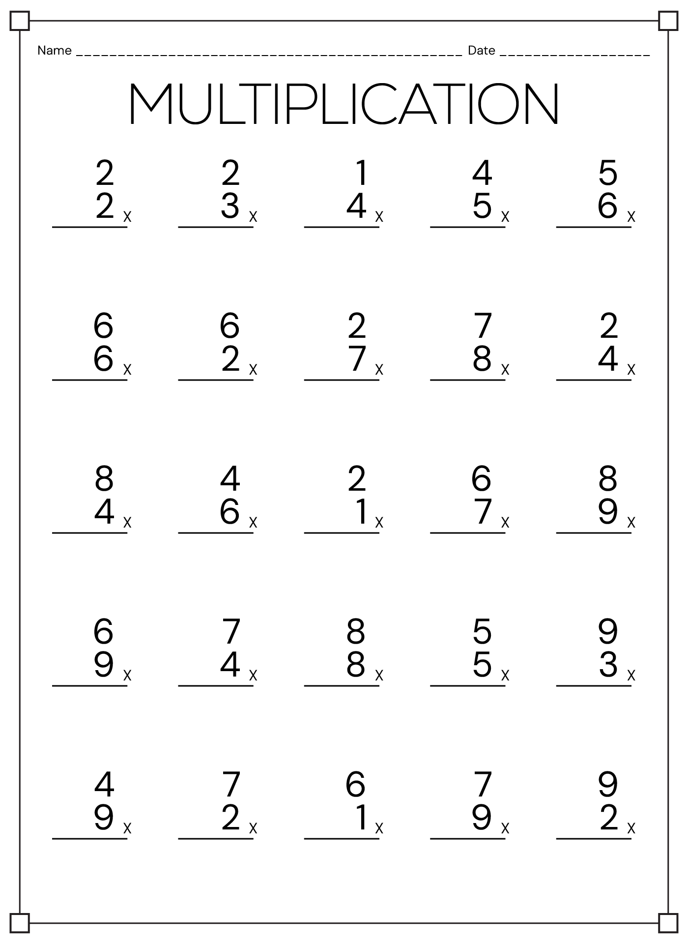 A multiplication worksheet with a name and date line and 25 vertical single-digit multiplication problems, each with a blank answer line.