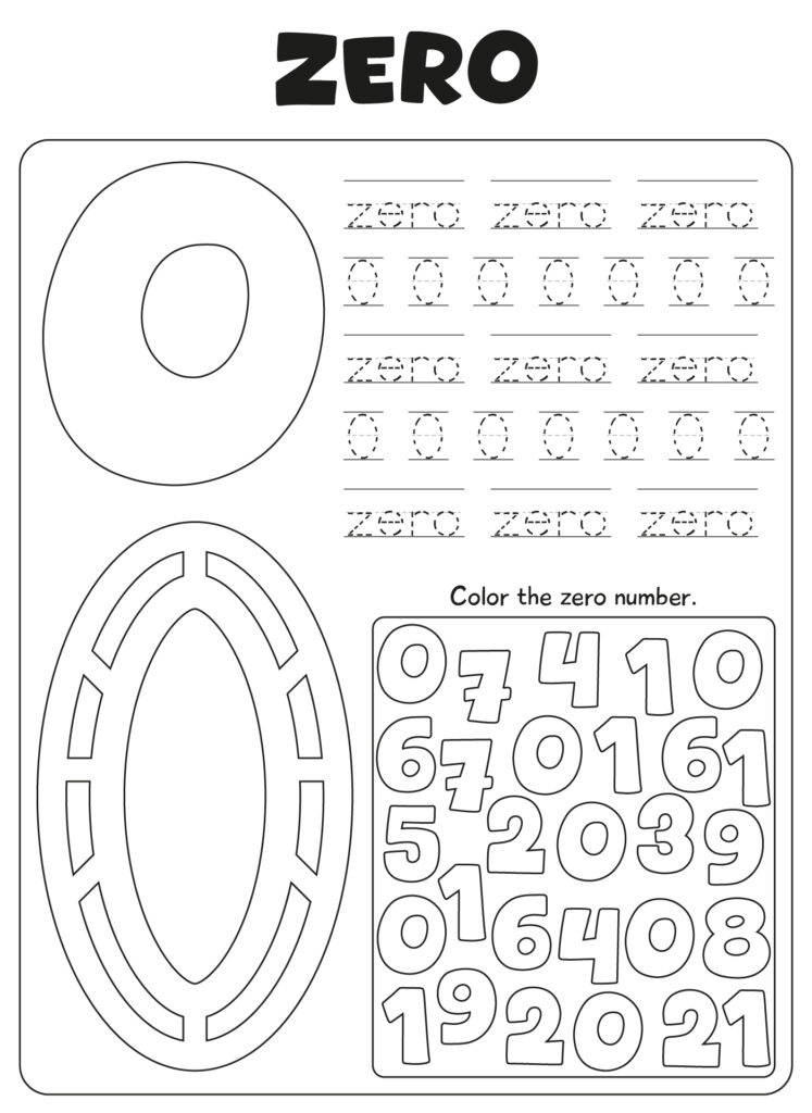 Number-zero worksheet with a large outlined zero, dotted tracing exercises for “zero” and 0, and a box asking students to color the zero among assorted numbers.